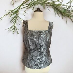 Black and silver brocade silk zip back top, size 10